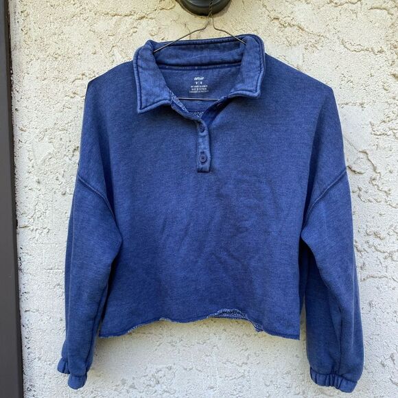 aerie Tops - Aerie size medium dark blue fleece cropped Henley collared sweatshirt